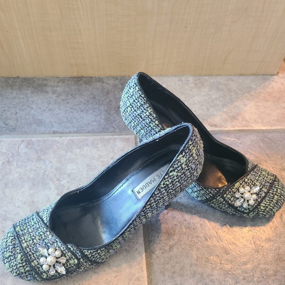 vintage Y2K Steve Madden Glayze blue & green tweed round toe pumps w jewels 7.5